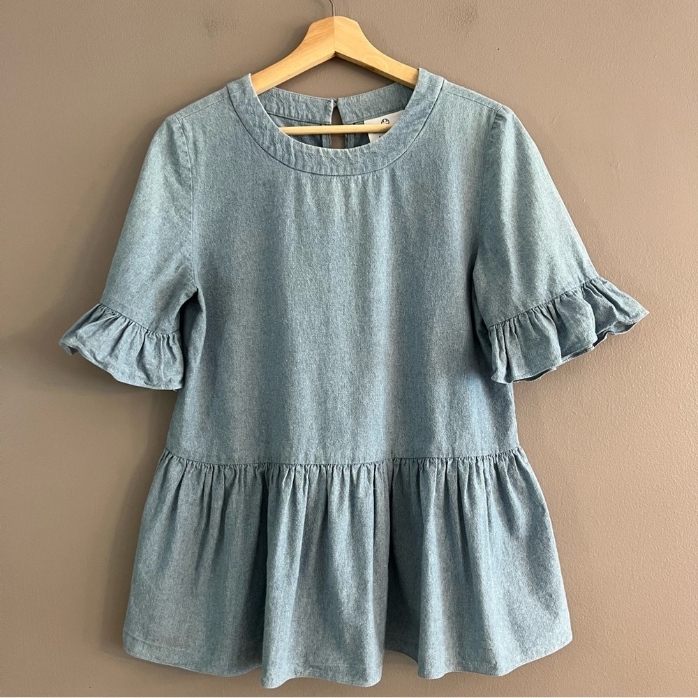 LaRoque Womens Denim Blue Chambray Blouse Peplum Babydoll Ruffle 3/4 Sleeve Sz M